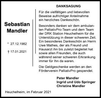 Traueranzeige von Sebastian Mandler von Giessener Allgemeine, Alsfelder Allgemeine