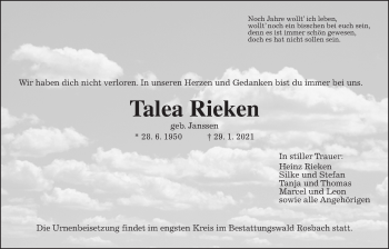Traueranzeige von Talea Rieken von Wetterauer Zeitung