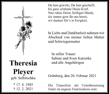 Traueranzeige von Theresia Pleyer von Giessener Allgemeine, Alsfelder Allgemeine