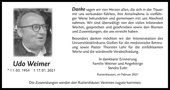 Traueranzeige von Udo Weimer von Giessener Allgemeine, Alsfelder Allgemeine