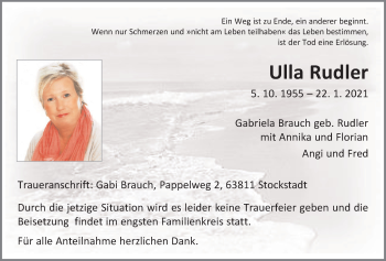 Traueranzeige von Ulla Rudler von Giessener Allgemeine, Alsfelder Allgemeine