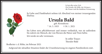 Traueranzeige von Ursula Bald von Wetterauer Zeitung