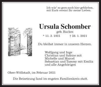 Traueranzeige von Ursula Schomber von Wetterauer Zeitung