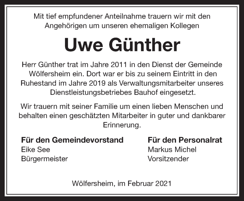  Traueranzeige für Uwe Günther vom 24.02.2021 aus Wetterauer Zeitung