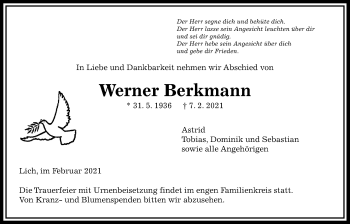 Traueranzeige von Werner Berkmann von Licher Wochenblatt