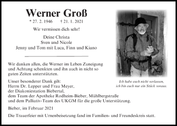 Traueranzeige von Werner Groß von Giessener Allgemeine, Alsfelder Allgemeine