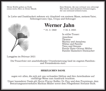 Traueranzeige von Werner Jahn von Giessener Allgemeine, Alsfelder Allgemeine