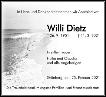 Traueranzeige von Willi Dietz von Giessener Allgemeine, Alsfelder Allgemeine