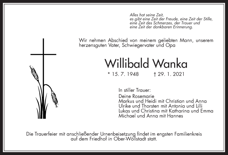  Traueranzeige für Willibald Wanka vom 06.02.2021 aus Wetterauer Zeitung
