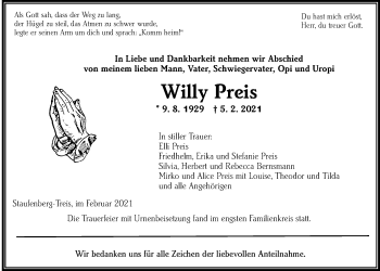 Traueranzeige von Willy Preis von Giessener Allgemeine, Alsfelder Allgemeine