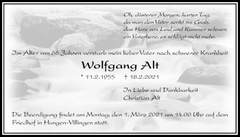Traueranzeige von Wolfgang Alt von Licher Wochenblatt