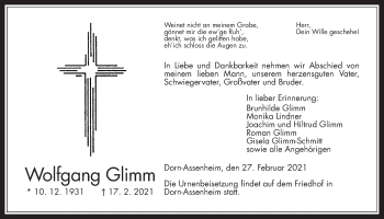 Traueranzeige von Wolfgang Glimm von Wetterauer Zeitung