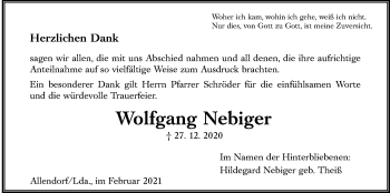 Traueranzeige von Wolfgang Nebiger von Giessener Allgemeine, Alsfelder Allgemeine