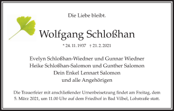 Traueranzeige von Wolfgang Schloßhan von Bad Vilbel/Karben
