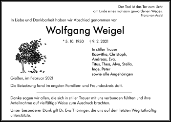 Traueranzeige von Wolfgang Weigel von Giessener Allgemeine, Alsfelder Allgemeine