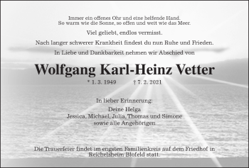 Traueranzeige von Wolgang Karl-Heinz Vetter von Wetterauer Zeitung