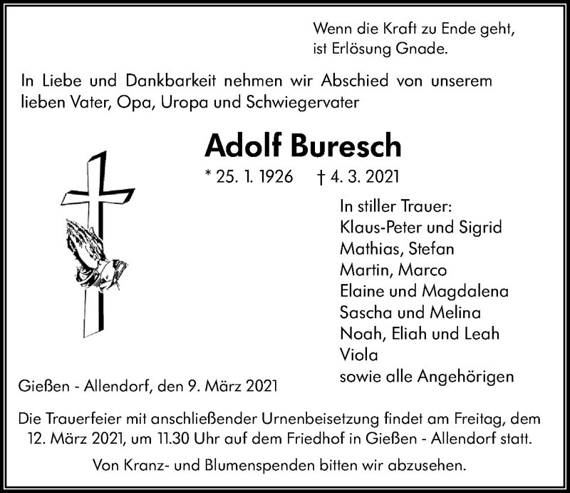  Traueranzeige für Adolf Buresch vom 09.03.2021 aus Giessener Allgemeine, Alsfelder Allgemeine