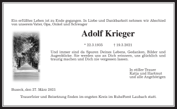 Traueranzeige von Adolf Krieger von Giessener Allgemeine, Alsfelder Allgemeine