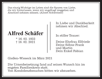 Traueranzeige von Alfred Schäfer von Giessener Allgemeine, Alsfelder Allgemeine