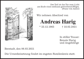 Traueranzeige von Andreas Harig von Wetterauer Zeitung