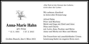 Traueranzeige von Anna-Marie Hahn von Giessener Allgemeine, Alsfelder Allgemeine