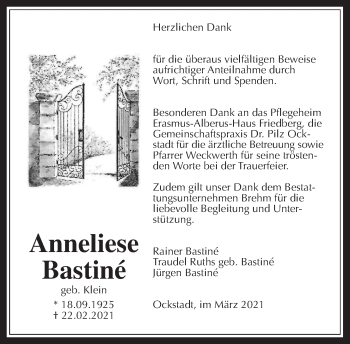 Traueranzeige von Anneliese Bastiné von Wetterauer Zeitung