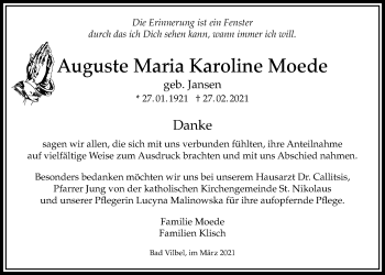 Traueranzeige von Auguste Maria Karoline Moede von Bad Vilbel/Karben