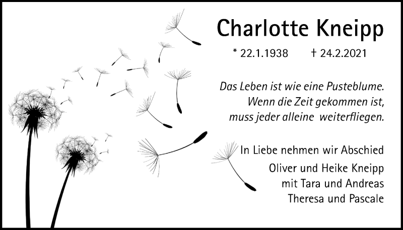  Traueranzeige für Charlotte Kneipp vom 06.03.2021 aus Giessener Allgemeine, Alsfelder Allgemeine
