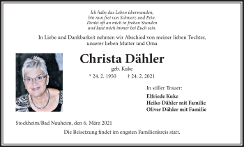 Traueranzeige von Christa Dähler von Wetterauer Zeitung