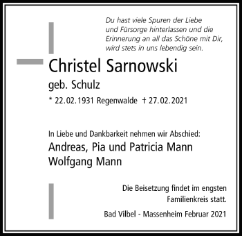 Traueranzeige von Christel Sarnowski von Bad Vilbel/Karben