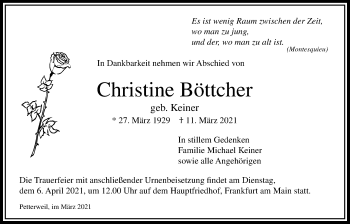 Traueranzeige von Christine Böttcher von Bad Vilbel/Karben