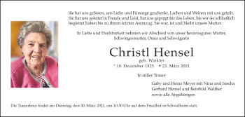 Traueranzeige von Christl Hensel von Wetterauer Zeitung