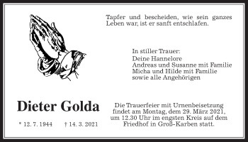 Traueranzeige von Dieter Golda von Wetterauer Zeitung