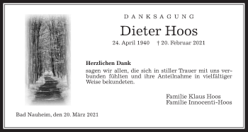 Traueranzeige von Dieter Hoos von Wetterauer Zeitung