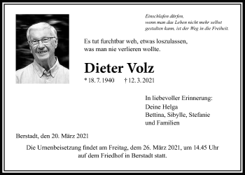 Traueranzeige von Dieter Volz von Wetterauer Zeitung