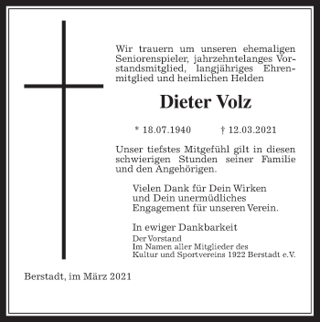Traueranzeige von Dieter Volz von Wetterauer Zeitung