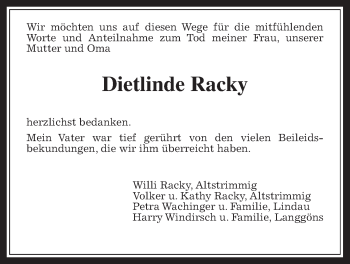 Traueranzeige von Dietlinde Racky von Giessener Allgemeine, Alsfelder Allgemeine