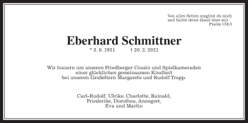 Traueranzeige von Eberhard Schmittner von Wetterauer Zeitung