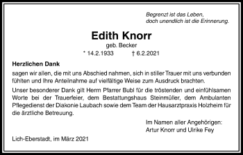 Traueranzeige von Edith Knorr von Licher Wochenblatt