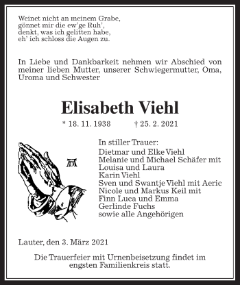 Traueranzeige von Elisabeth Viehl von Giessener Allgemeine, Alsfelder Allgemeine
