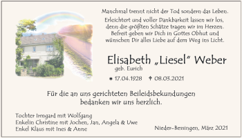 Traueranzeige von Elisabeth Weber von Licher Wochenblatt