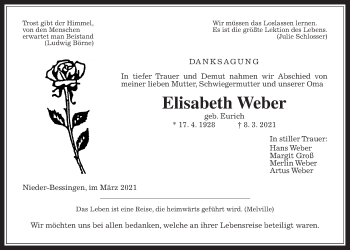 Traueranzeige von Elisabeth Weber von Licher Wochenblatt