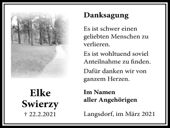 Traueranzeige von Elke Swierzy von Licher Wochenblatt