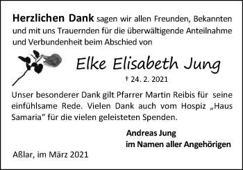 Traueranzeige von Elke Elisabeth Jung von Giessener Allgemeine, Alsfelder Allgemeine