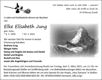 Traueranzeige von Elke Elisabeth Jung von Giessener Allgemeine, Alsfelder Allgemeine