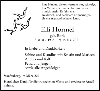 Traueranzeige von Elli Hormel von Giessener Allgemeine, Alsfelder Allgemeine
