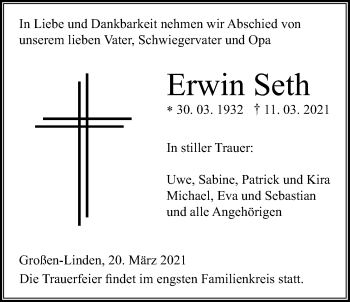 Traueranzeige von Erwin Seth von Giessener Allgemeine, Alsfelder Allgemeine