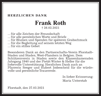 Traueranzeige von Frank Roth von Wetterauer Zeitung, Giessener Allgemeine, Alsfelder Allgemeine