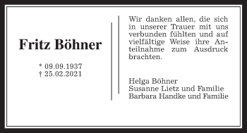Traueranzeige von Fritz Böhner von Wetterauer Zeitung