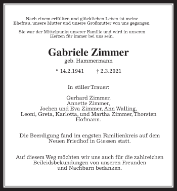 Traueranzeige von Gabriele Zimmer von Wetterauer Zeitung, Giessener Allgemeine, Alsfelder Allgemeine